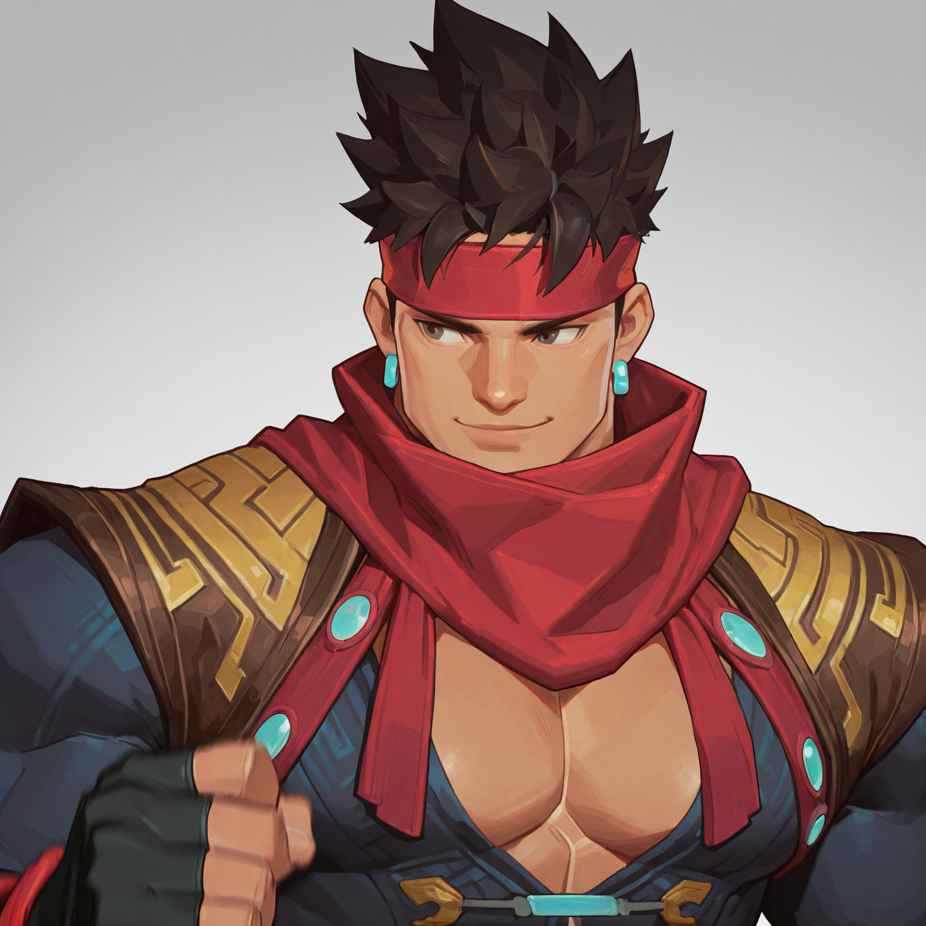 <lora:SWORD_MASTER:1>sword_master, solo, smile, brown hair, black hair, 1boy, gloves, jewelry, upper body, male focus, earrings, dark skin, fingerless gloves, scarf, muscular, headband, pectorals, dark-skinned male, spiked hair, red scarf, pectoral cleavage, short hair, jacket, black gloves, looking to the side, muscular male, bara, dougi, red headband, motion blur, film grain, abstract, natural lighting, fantasy, cinematic, dynamic, very awa, masterpiece, best quality, absurdres, newest, perfect quality, detailed background, intricate details, (artist:fl \(l-fl\):0.7), (artist:tooboshoo:0.7), (artist:dizdoodz:0.8)