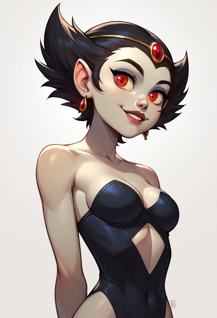 score_9, score_8_up, score_7_up, 1girl, solo, cecilia_littlewing, grey skin, black hair, red eyes, detailed eyes, perfect face, perfect eyes, sexy, sexy girl, beautiful eyes, petite body, medium breasts, standing, arms behind back, posing, light smile, simple background, from below, dynamic angle, <lora:Cecilia_Littlewing_-_Zone:0.8>
