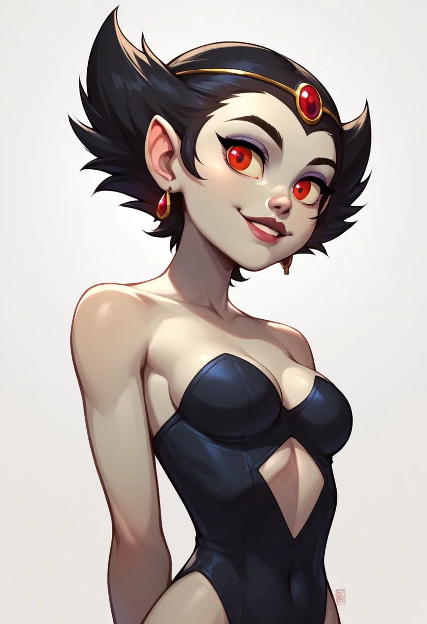score_9, score_8_up, score_7_up, 1girl, solo, cecilia_littlewing, grey skin, black hair, red eyes, detailed eyes, perfect face, perfect eyes, sexy, sexy girl, beautiful eyes, petite body, medium breasts, standing, arms behind back, posing, light smile, simple background, from below, dynamic angle, <lora:Cecilia_Littlewing_-_Zone:0.8>