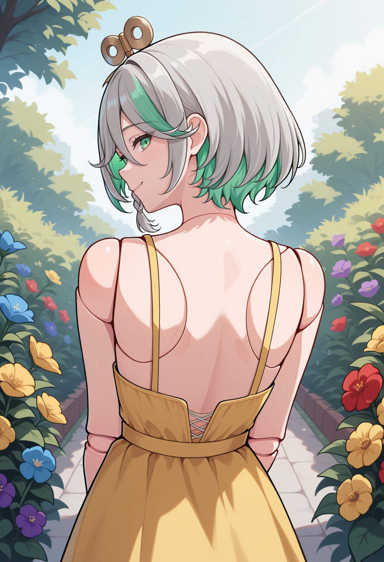 masterpiece, best quality, 1girl, solo, CeciliaImmergreen, green eyes, winding key hair ornament, doll joints, grey hair, colored inner hair, streaked hair, short hair, side braid, from behind, outdoors, garden, flower, red flower, blue flower, purple flower, yellow flower, looking back, yellow sundress, shoulder blades, sleeveless, smile, <lora:ChamCeciliaImmergreenIllustriousXL:1>