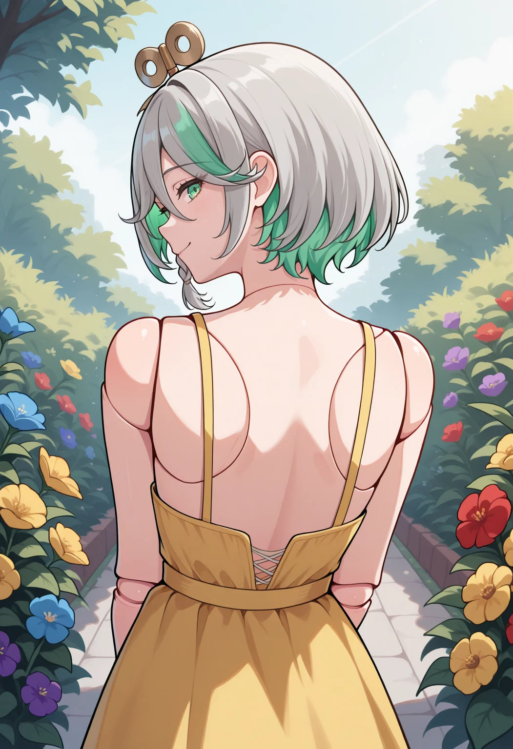 masterpiece, best quality, 1girl, solo, CeciliaImmergreen, green eyes, winding key hair ornament, doll joints, grey hair, colored inner hair, streaked hair, short hair, side braid, from behind, outdoors, garden, flower, red flower, blue flower, purple flower, yellow flower, looking back, yellow sundress, shoulder blades, sleeveless, smile, <lora:ChamCeciliaImmergreenIllustriousXL:1>