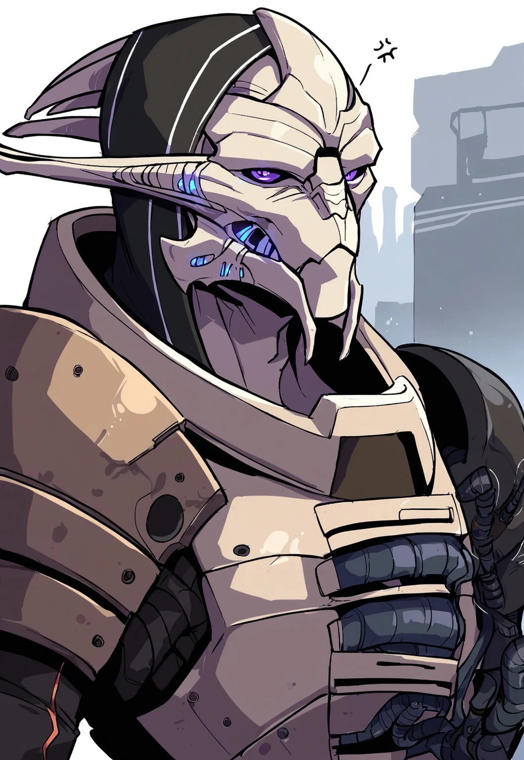 score_9, score_8_up, score_7_up, BREAK, sarenarterius, 1boy, male, alien, solo, armor, hood, cybernetic arm, cybernetic eyes, cybernetic face, cables, cybernetics, purple eyes, upper body, looking at viewer, annoyed, unamused, closed mouth, factory, detailed background