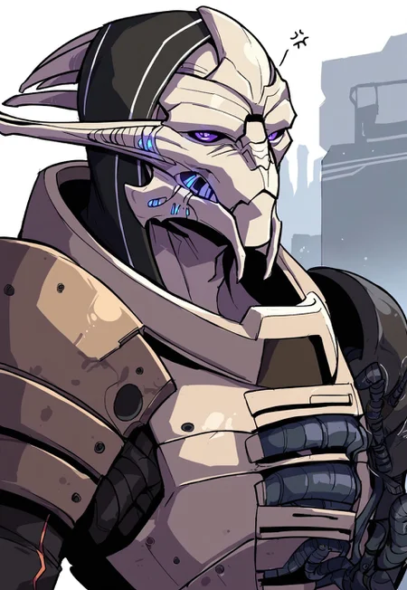 score_9, score_8_up, score_7_up, BREAK, sarenarterius, 1boy, male, alien, solo, armor, hood, cybernetic arm, cybernetic eyes, cybernetic face, cables, cybernetics, purple eyes, upper body, looking at viewer, annoyed, unamused, closed mouth, factory, detailed background