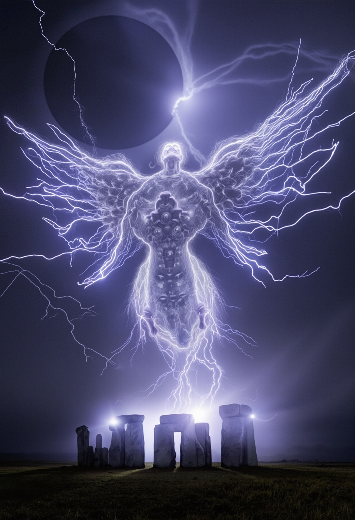 spectacular photo depicting an angelic being with many wings and countless eyes. The being is entirely made of lightning in a violent demonstration of its destructive power and is floating mid air above stonehenge during a full eclipse creating an intimidating and eerie atmosphere. The end is nigh