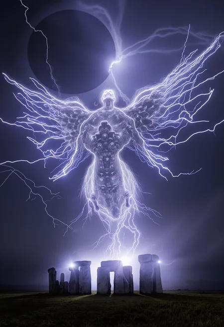 spectacular photo depicting an angelic being with many wings and countless eyes. The being is entirely made of lightning in a violent demonstration of its destructive power and is floating mid air above stonehenge during a full eclipse creating an intimidating and eerie atmosphere. The end is nigh