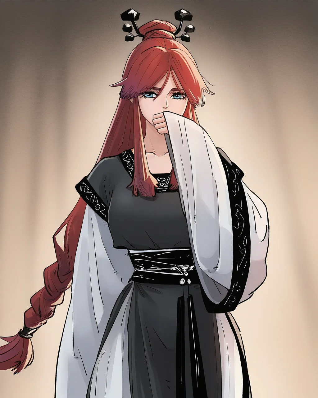 masterpiece,best quality,curvy,venus body,
<lora:atongna:1>,atongna,1girl,solo,braid,chinese clothes,black clothes,portrait,long sleeves,hanfu,wide sleeves,standing,covering mouth,looking at viewer,single braid,