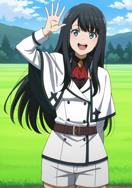 volumetric lighting, official style, amazing quality, ultra detailed, highres, detailed background,anime coloring, (anime screencap) masterpiece, detailed face,1girl<lora:Suzune_Inukami__:0.8>Suzune_Inukami, solo, long hair, black hair, day, sky, cloud, open mouth, belt, blue eyes, capelet, outdoors, smile, arm behind back, grass, white shorts, arm up, waving