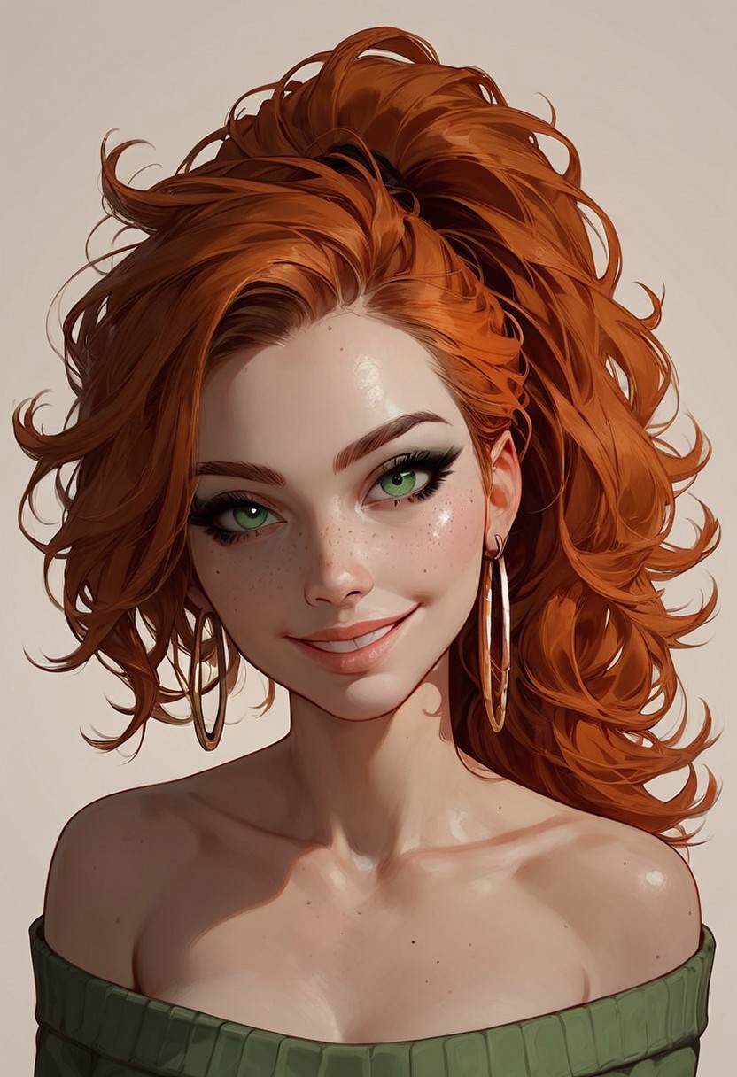 score_9, score_8_up, score_7_up, rating_explicit, Expressiveh, masterpiece, ((1girl)), (solo), semi-realism,
(cute innocent girl), 18yo girl, smiling face:1.6, (full pouty lips), (evil smile), (bold black eyeliner), dark green eyes, dark orange hair, (messy hair), (ponytail), head tilt:1.1, few freckles,
hoop earrings, ((closeup of face:1.2)), head on shot, perfect face, perfect skin, detailed face, green sweater, off shoulder, collarbone, viewed from shoulders up, (light background),
Noir Lighting