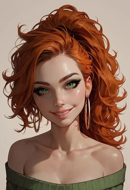 score_9, score_8_up, score_7_up, rating_explicit, Expressiveh, masterpiece, ((1girl)), (solo), semi-realism,
(cute innocent girl), 18yo girl, smiling face:1.6, (full pouty lips), (evil smile), (bold black eyeliner), dark green eyes, dark orange hair, (messy hair), (ponytail), head tilt:1.1, few freckles,
hoop earrings, ((closeup of face:1.2)), head on shot, perfect face, perfect skin, detailed face, green sweater, off shoulder, collarbone, viewed from shoulders up, (light background),
Noir Lighting