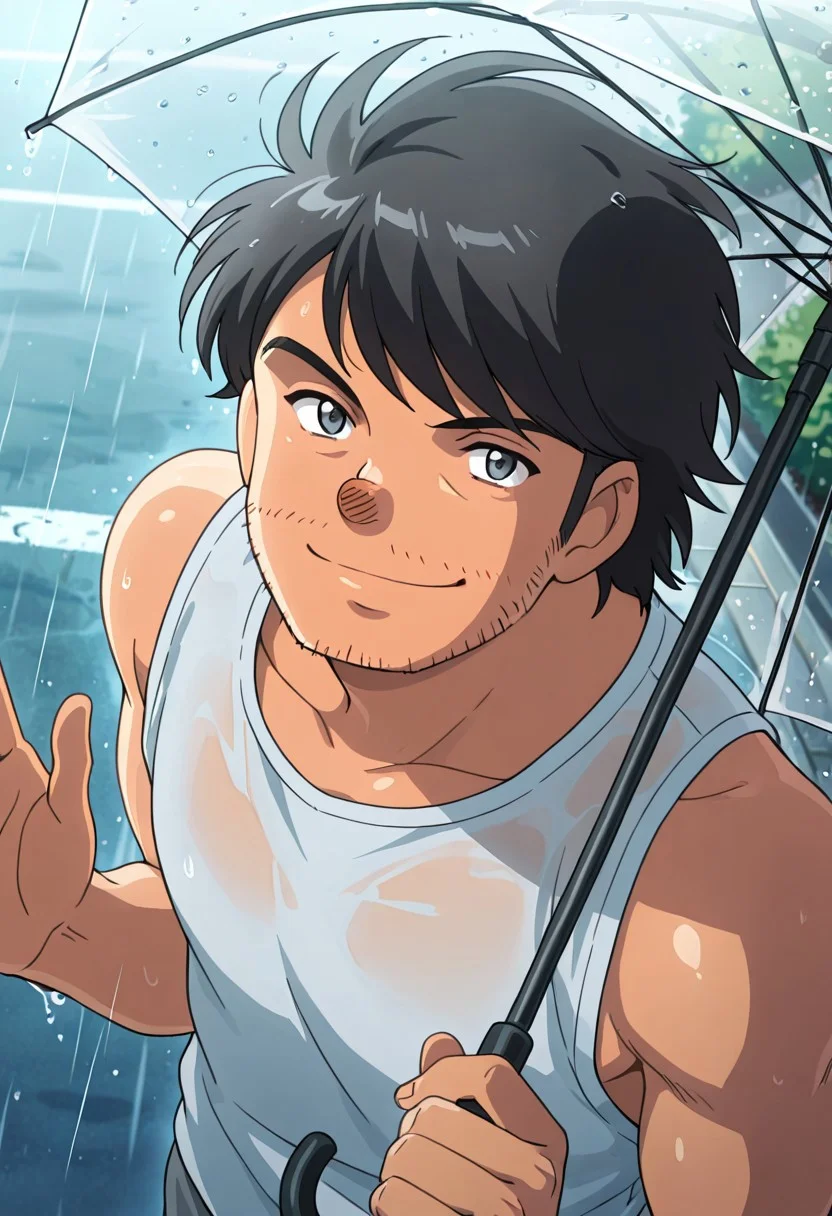 anime coloring, subsurface scattering, realistic shading, natural lighting, raining, sunshower, sunny, summer theme, holding umbrella, 1hand waving, male focus, looking at viewer, expressive face, sweet smile, summer clothes, tank top, (( <lora:kira_kozo:1> , kira_kozo, piercing dark grey eyes, clear eyes, friendly eyes, wrinkle under eyes, short chubby body, slightly chubby face, fat but strong male, disgusting hairy male, round alcoholic nose, very lightly tanned skin, messy short black hair, messy short bangs, short stubble beard, creepy male, uncharismatic male, )) , 1man, outdoors, road, bush, from above, dynamic angle, intricately detailed illustration, depth of field, masterpiece, best quality, amazing quality, very aesthetic, absurdres, newest