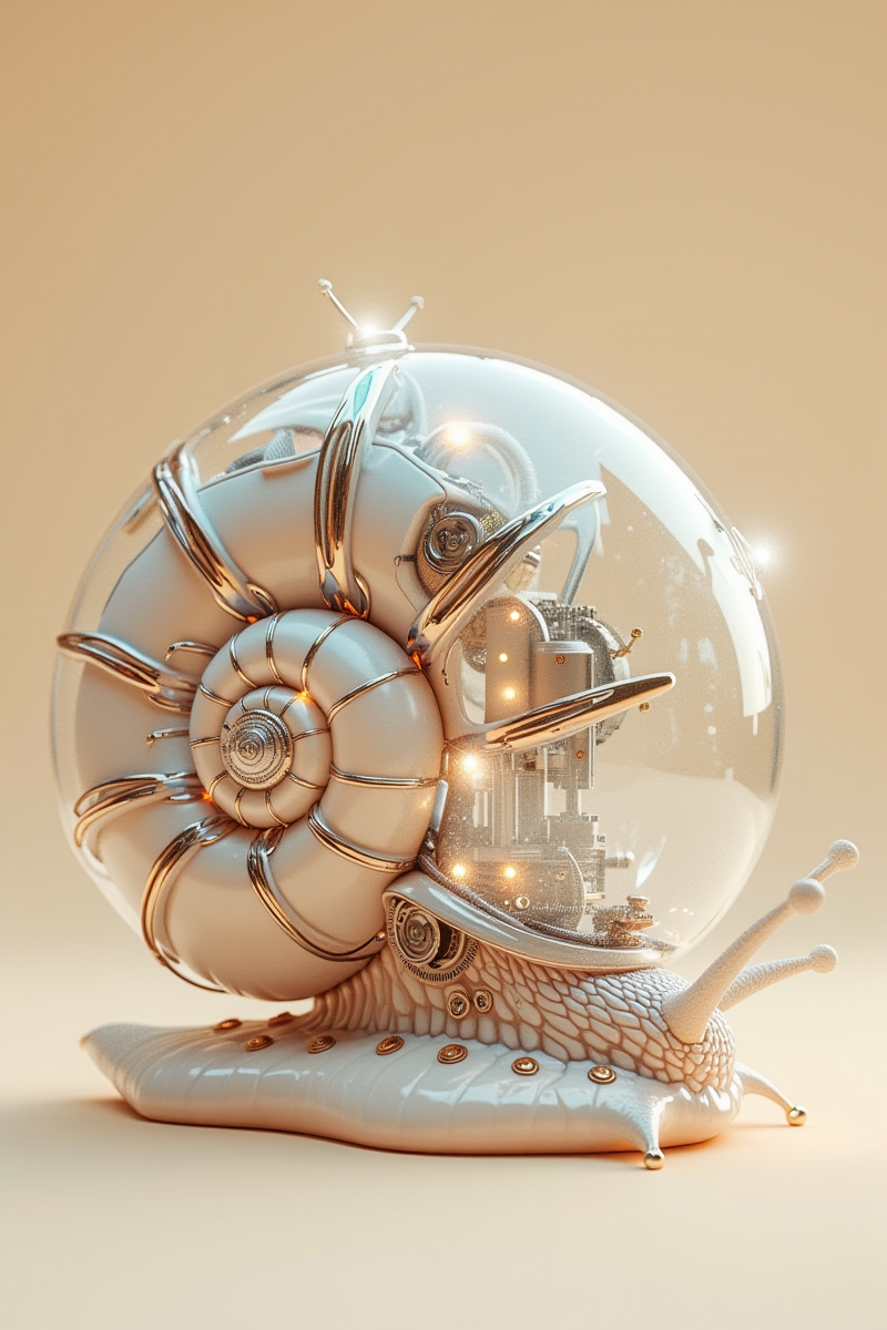 jxkc,This is a very detailed CGI rendering depicting a future robot snail full of snail features,carefully crafted with metal and organic elements. Make it have a smooth,futuristic appearance. Its body is segmented,with each segment adorned with complex gears,wires,and metal wires. He has a pair of sparkling eyes on his head,adding a touch of sci-fi charm. The body is transparent,allowing people to see the complex mechanical operations below and emit a soft,ethereal glow. The background is a smooth gradient beige color,and the overall style blends steampunk and high-tech aesthetics,combining mechanical precision with organic form. The image is highly polished and detailed,emphasizing light and shadow,creating depth and realism. This work is a striking example of digital art that blends science fiction and nature in a visually stunning way.,