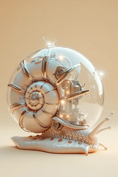 jxkc,This is a very detailed CGI rendering depicting a future robot snail full of snail features,carefully crafted with metal and organic elements. Make it have a smooth,futuristic appearance. Its body is segmented,with each segment adorned with complex gears,wires,and metal wires. He has a pair of sparkling eyes on his head,adding a touch of sci-fi charm. The body is transparent,allowing people to see the complex mechanical operations below and emit a soft,ethereal glow. The background is a smooth gradient beige color,and the overall style blends steampunk and high-tech aesthetics,combining mechanical precision with organic form. The image is highly polished and detailed,emphasizing light and shadow,creating depth and realism. This work is a striking example of digital art that blends science fiction and nature in a visually stunning way.,