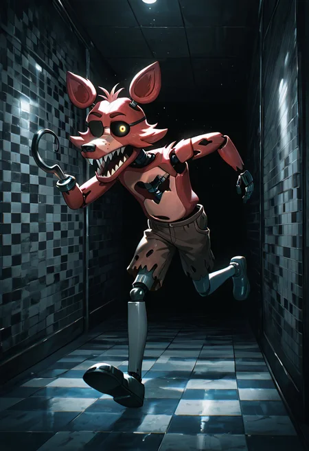 masterpiece, best quality, amazing quality, very aesthetic, absurdres, newest, detailed background, foreground blur, (( )),
foxy, animal ears, 1boy, solo, sharp teeth, eyepatch, pirate hook,  joints, animatronic, brown ripped shorts, robot, grey legs, thin legs,
black sclera, tall, running, checkered walls, grey walls, black background, black hallway, blue floor, , grey walls,