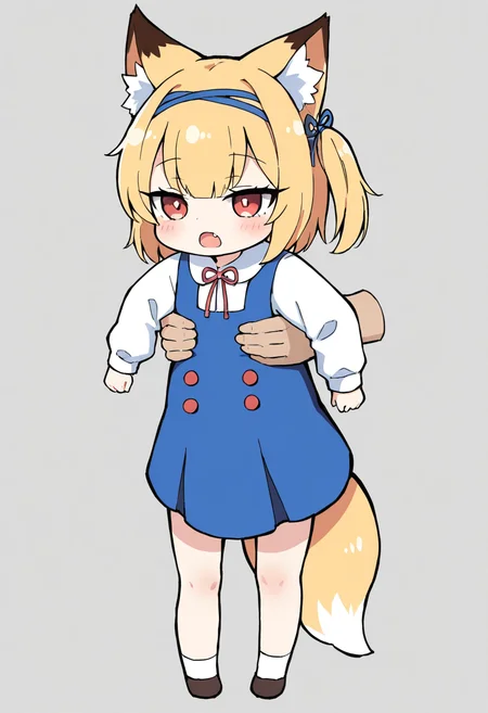 <lora:Koume_VR_Chat_Illustrious:0.7>, 1girl, animal ears, blonde hair, hairband, white shirt, fang, animal ear fluff, blue dress, blue hairband, bangs, koume, chibi, masterpiece, best quality, solo, fox ears down, fox tail, indoors, red eyes,
<lora:concept_longcat_Illustrious_V2L:0.9>, holding girl, longcat \(meme\), simple background, grey background,
masterpiece, best quality, amazing quality, very aesthetic, absurdres,