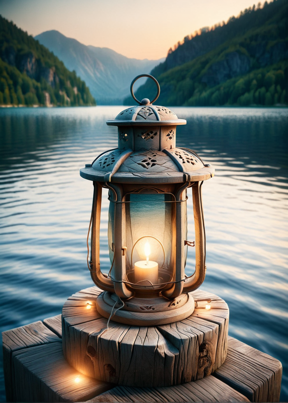 A rugged ais-rghhwn lantern casting a soft glow on an old wooden dock, with the gentle waves of a serene lake in the background <lora:ais-rghhwn-sdxl:1>