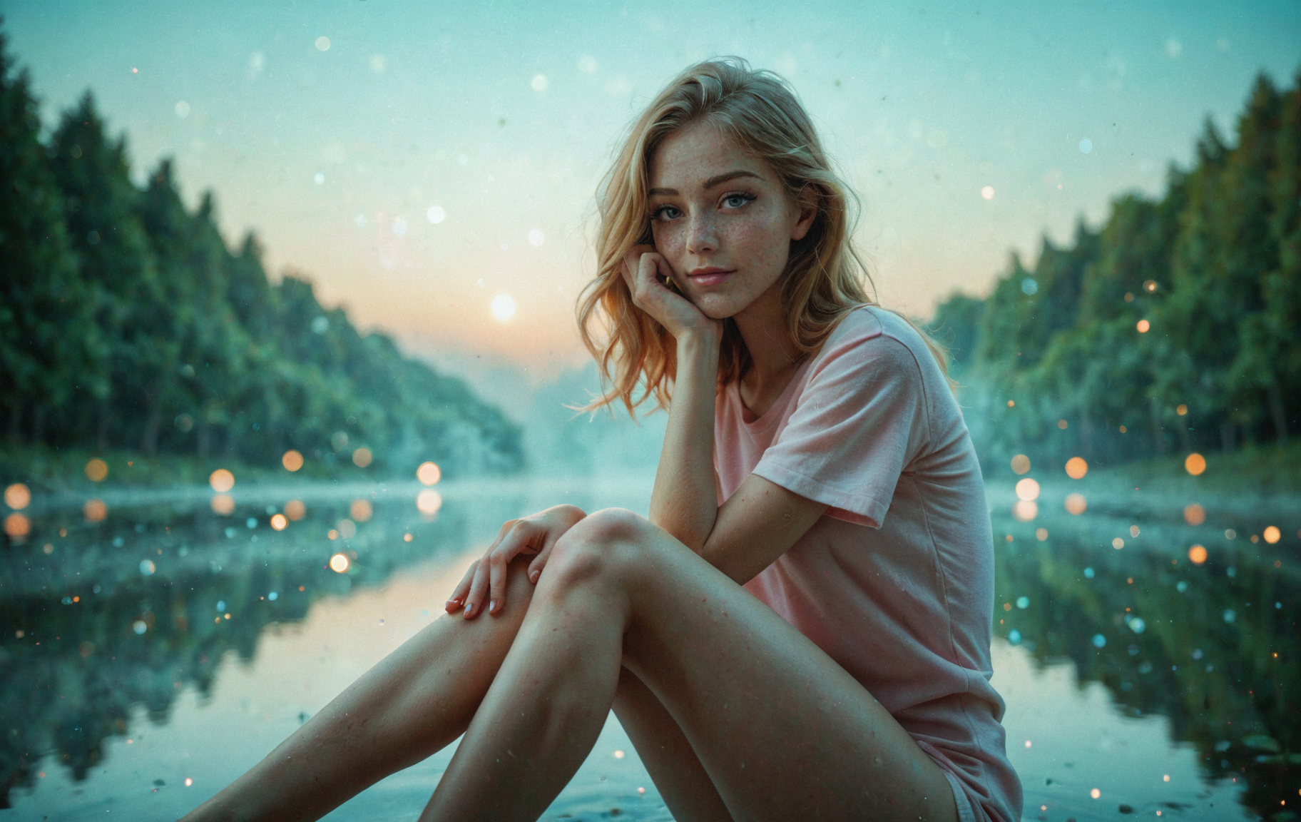 Masterpiece, best quality, amazing quality, sexy woman, sitting, one knee bend, head resting on knee, lookign at viewer, beautiful face,, realistic skin,oversized_t-shirt, side view, shy, smirk, hand in hair, adjusting hair,  highly detailed skin, skinny, ((brunette hair)), straight hair, medium hair, outdoors, lake, forest, on the edge of water, whimsical, (fog:1.4), by dawn, girly, fantasy, fairy_lights, fire_embers, depth_of_field, blurry_background, (bokeh:1.5)
<lora:Kawaii_PastelCore_v1_xxXL:1.75>
<lora:ILXL_Realism_Slider_V.1:1.4>
<lora:RealSkin_xxXL_v1:1.8>
<lora:Toned_XL_v1:1.25>
<lora:Goldie_Rae_v1_PONY:2.25>
<lora:AssXL_v2.2:2>
<lora:Add_Details_v1.2:3>
<lora:puffy_tits_PONY_v1:3.1>
<lora:LUT_slider_xxXL_V1:1.95>
