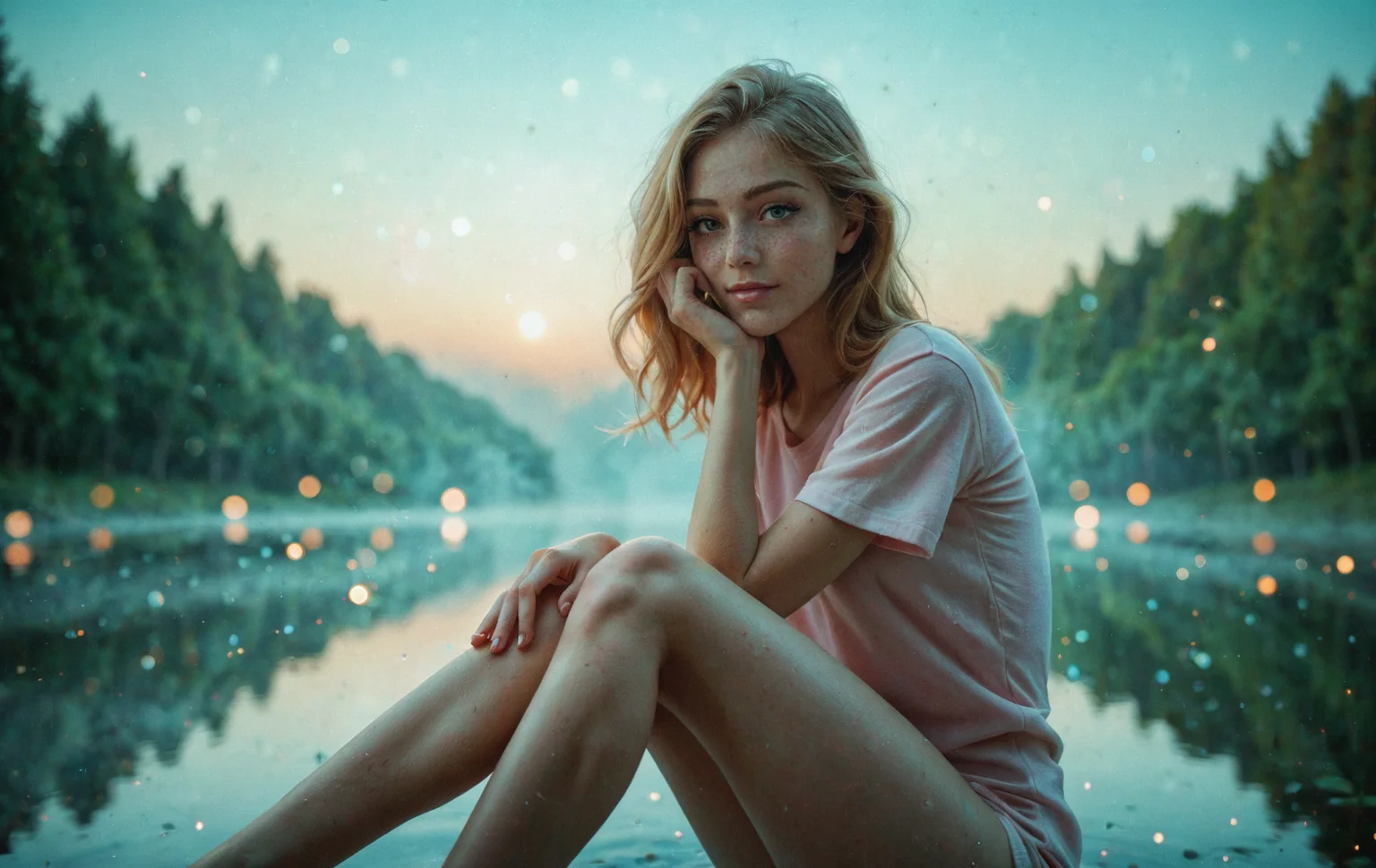 Masterpiece, best quality, amazing quality, sexy woman, sitting, one knee bend, head resting on knee, lookign at viewer, beautiful face,, realistic skin,oversized_t-shirt, side view, shy, smirk, hand in hair, adjusting hair, highly detailed skin, skinny, ((brunette hair)), straight hair, medium hair, outdoors, lake, forest, on the edge of water, whimsical, (fog:1.4), by dawn, girly, fantasy, fairy_lights, fire_embers, depth_of_field, blurry_background, (bokeh:1.5)
<lora:Kawaii_PastelCore_v1_xxXL:1.75>
<lora:ILXL_Realism_Slider_V.1:1.4>
<lora:RealSkin_xxXL_v1:1.8>
<lora:Toned_XL_v1:1.25>
<lora:Goldie_Rae_v1_PONY:2.25>
<lora:AssXL_v2.2:2>
<lora:Add_Details_v1.2:3>
<lora:puffy_tits_PONY_v1:3.1>
<lora:LUT_slider_xxXL_V1:1.95>