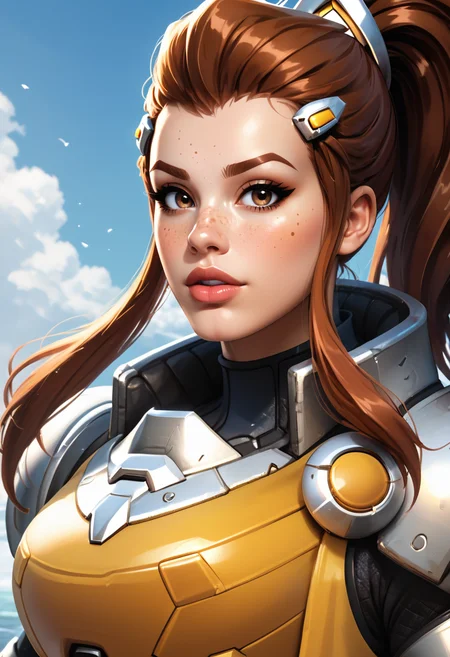 PonyXLV6_Scores,source_anime,masterpiece,best quality, highly detailed,cinematic,unity 8k wallpaper, amazing quality, masterpiece, best quality,  UHD, perfect anatomy,
BREAK
<lora:brig:0.8>brigitte, 1girl, freckles, solo, brown hair, hair pulled back, brown eyes, ponytail, long hair, looking at viewer, parted lips, upper body, armor, nose, lips, shoulder armor, sidelocks, power armor, hair ornament