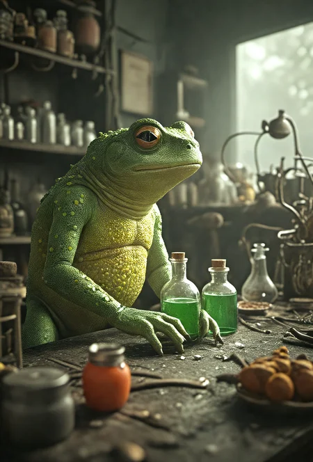 cinematic film still cinematic film still, illustration in the style of gris grimly and clive barker and lars grant-west,sparks fear and imagination in the viewer,masterpiece,intricately detailed,(a bright-green-toad chemist in his lab brewing magic potions and poisons),bold colors,bright colors,vivid . shallow depth of field, vignette, highly detailed, high budget, bokeh, cinemascope, moody, epic, gorgeous, film grain, grainy . shallow depth of field, vignette, highly detailed, high budget, bokeh, cinemascope, moody, epic, gorgeous, film grain, grainy