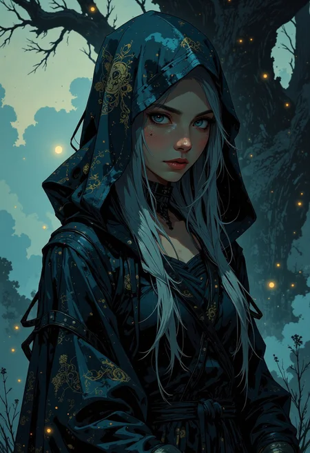 A mysterious woman cloaked in flowing dark fabric, its delicate patterns shimmering faintly under a cool, diffused light. The hood drapes gracefully over her head, concealing the lower half of her face, leaving only her calm, deep blue eyes visible. Strands of silvery hair escape the hood, blending into the shadows and adding a soft glow to the scene. Her serene gaze exudes warmth and quiet depth, as if reflecting still water under moonlight. The dark fabric envelops her figure with seamless elegance, its subtle textures highlighted by a faint ethereal glow. Gentle mist swirls around her, merging with the folds of her cloak to create a dreamlike, tranquil atmosphere. The lighting is soft and diffused, emphasizing her calm presence and evoking the aura of a hidden guardian from ancient lore. The composition radiates an otherworldly beauty, with intricate light interplay on the fabric edges, adding to her peaceful mystery.