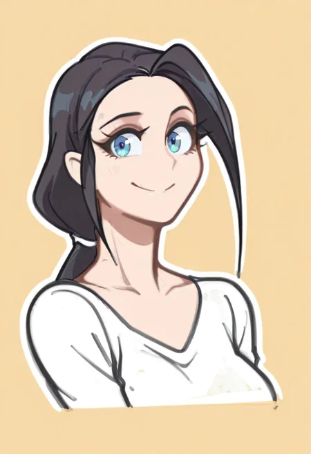 {{masterpiece,best quality,amazing quality,absurdres}}, {{flat shading, cel shading}}
BREAK
1girl, solo, upper body, simple background, portrait, looking at viewer, mila_jago, black hair, low ponytail, blue eyes, smile