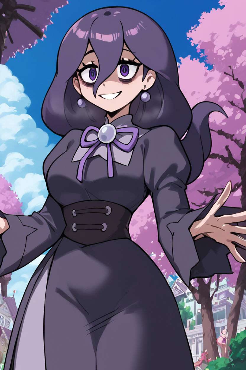 score_9, score_8_up, score_8, medium breasts, (curvy), cute, eyelashes,      ,,,    zzHexyZA, purple eyes, bags under eyes, hair between eyes, long hair, purple hair,   long sleeves, bow, jewelry, black dress, purple dress, black pantyhose, juliet sleeves, purple bow, purple bowtie,   ,<lora:HexManiacPokemonZA_PDXL:1.0>,  ,,,  BREAK, smile, looking at viewer, cowboy shot, ,,, outdoors, sky, day, cloud, tree, blue sky, sunny,  ,,, Expressiveh, ,,, <lora:Alola_Style_PDXL:0.8>, <lora:Expressive_H-000001:0.4>,