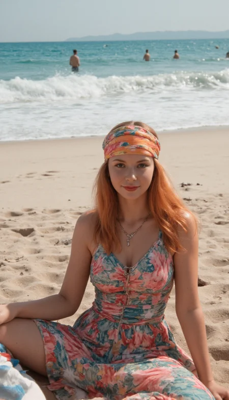 Generate a photorealistic image of a 1960s hippie girl taken with a camera made in that era. 

She has long, flowing tangerine hair with a bright flowing fabric headscarf Used to decorate a braid or ponytail.. 

She wears a flowing maxi dress with radiant colors and spectral patterns. She is wearing a peace sign necklace.

She sits on a beach soaking up the sun while watching surfers out in the distance.

She has realistic skin that is not flawless. She has Puffy coral eyes. She has a flat nose. She has a pronounced chin. She has a built Relaxed breasts. She has natural unshaven body hair.  She has not recently showered, her skin may be a little bit dirty. She wears little make-up except for her lip gloss.  She has painted toenails