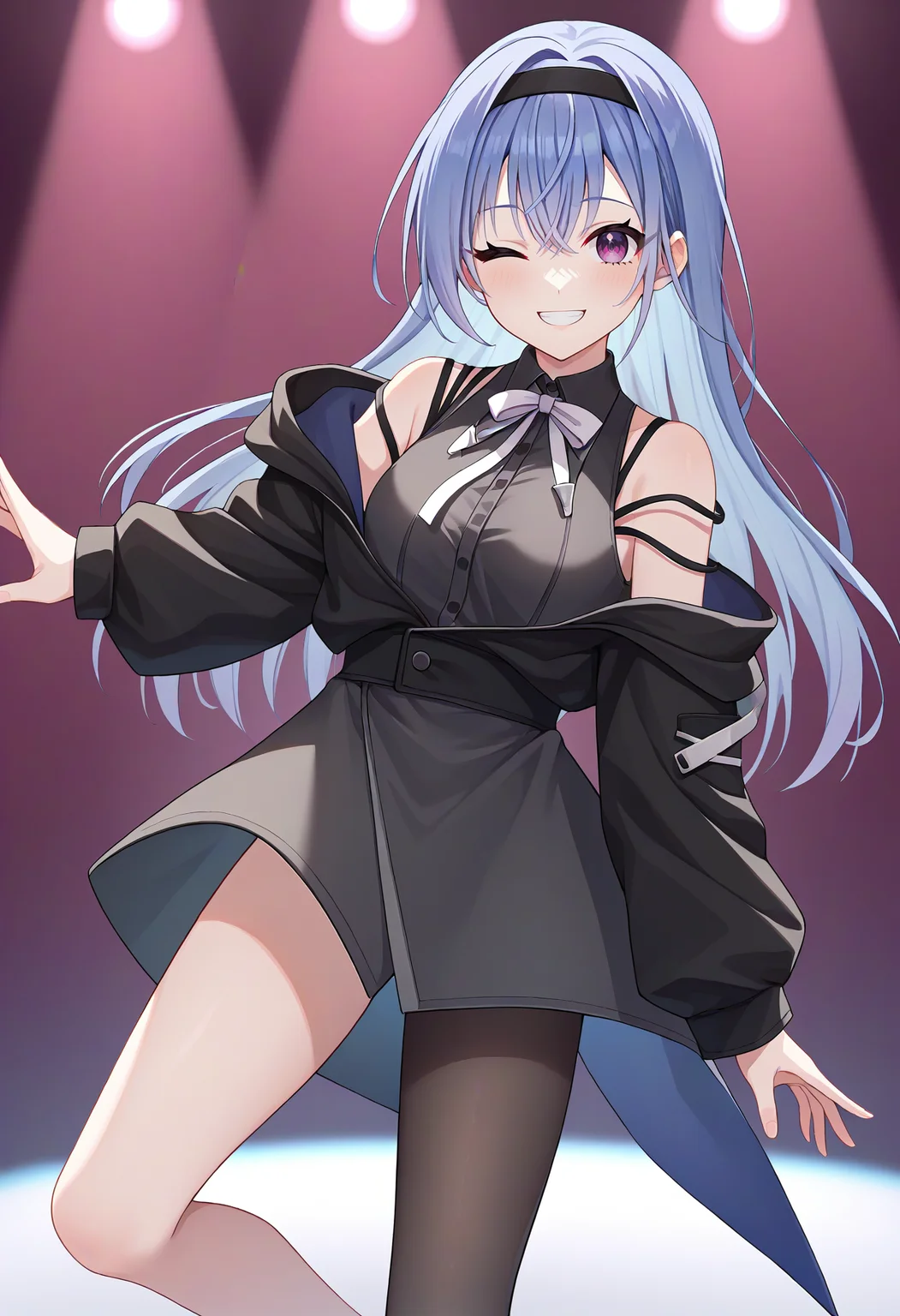score_9, score_8_up, score_7_up, source_anime, 1girl, suzuki hana, blue hair, long hair, purple eyes, black hairband, sleeveless dress, black jacket, off shoulder, neck ribbon, single leg pantyhose, asymmetrical clothes, dancing, looking at viewer, one eye closed, smile, dynamic pose, stage <lora:brj-hana-pony-v0.5:1>