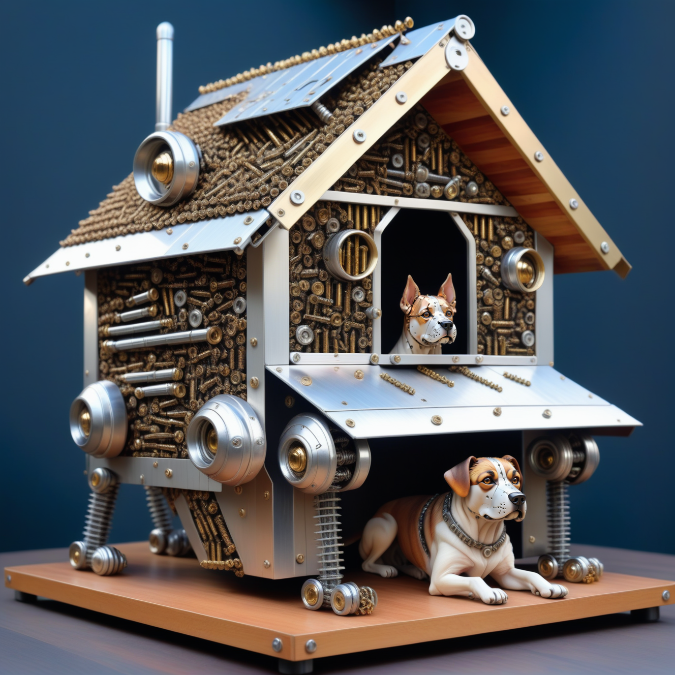 a doghouse made out of Jed-Screws, photorealistic, full of details, detailed screws,  <lora:SteelScrewsStyle-000006:0.7>