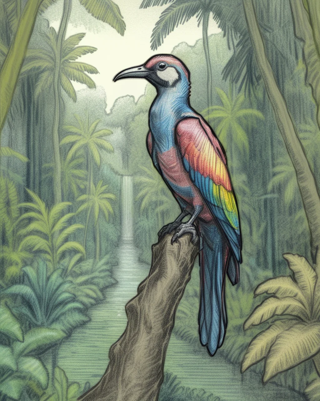 pixeldust_sketch, (Paradise bird in front of the jungle, psychedelic, award winning masterpiece)0.8