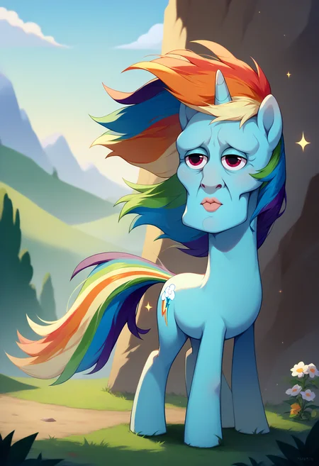 score_9, score_8_up, score_7_up, BREAK <lora:handsomize_x_pdxl_v1:1> handsomize,  unicorn, horse, blue skin, rainbow hair, no humans, full body, outdoors, rainbow, sparkle, wind