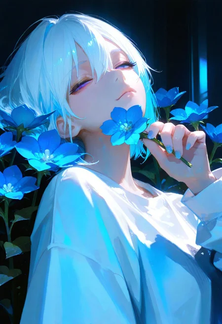 masterpiece, best quality, good quality, very aesthetic, absurdres, newest, (detailed lighting, rendered, perfect hair, detailed face and body) 1girl, looking at viewer, holding a big blue flower, blue hair, jacket, white shirt with sleeves,nail polish, purple eyes, blue eyes, eyelashes, long sleeves, white hair, hand up, hair between eyes, half-closed eyes, blue theme, cinematic composition, ultra-detailed, high-quality, photorealistic, extremely detailed CG unity, masterpiece, high quality, best quality, absurdres, 8k resolution
