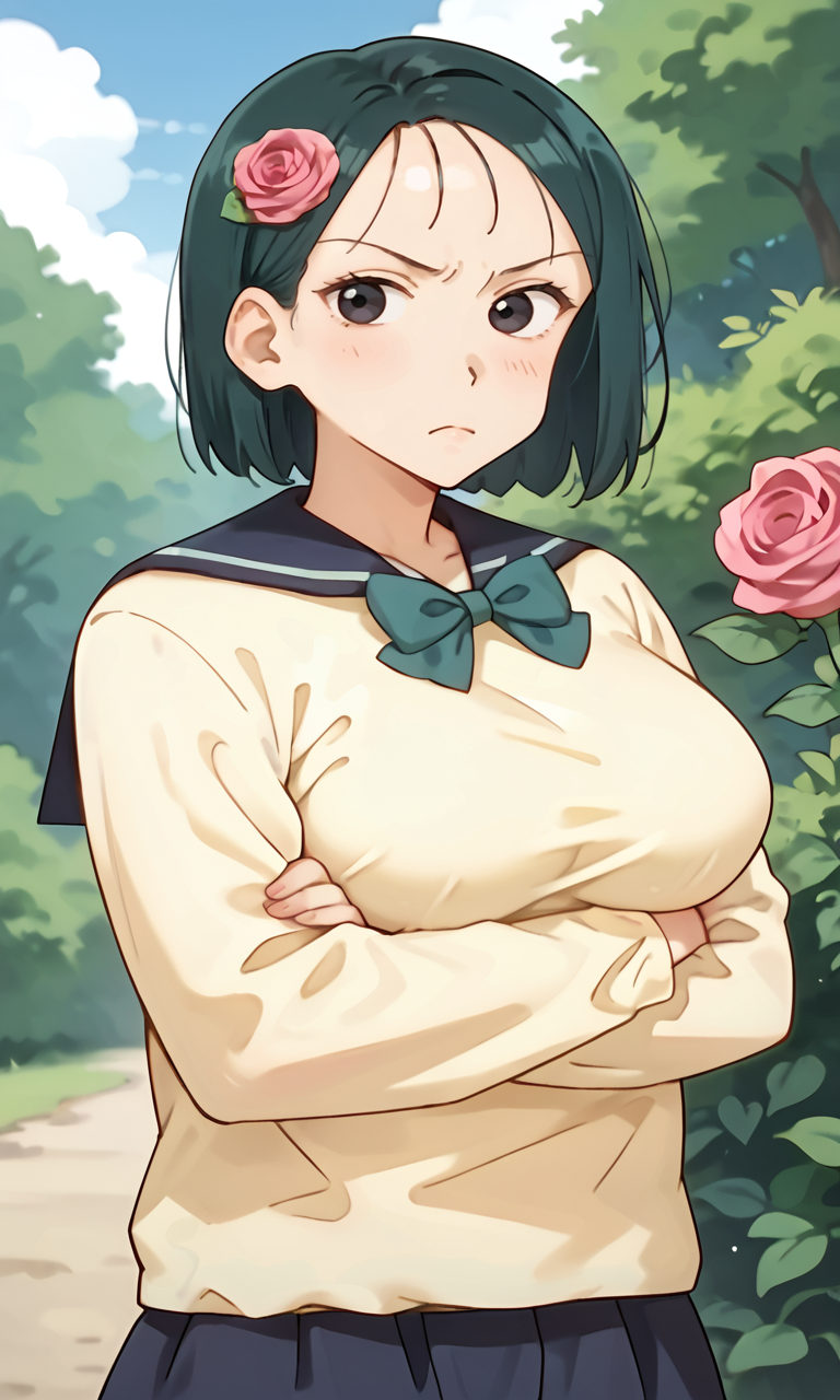 (1girl:1.5), (solo:1.3), (score_9, score_8_up, score_7_up, score_6_up, score_5_up, score_4_up), (source_anime), rating_questionable, (upper body:1.3), outdoors, bush, blue sky, keep out, keeping,
 (yellow sweater, oversized clothes, long sleeves, blue sailor collar, green bowtie, blue skirt, pleated skirt, miniskirt, white socks, black footwear), (large breasts), <lora:mari-classmate-green_v1:1> (mari-classmate-green), (black eyes, eyelashes, dark green hair, short hair, parted bangs, forehead, voluminous bangs, fluffy bangs, parody bangs, pink rose, hair ornament, frown, angry), crossed arms, cross arms in front, under breasts