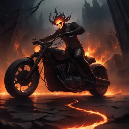 Dark Fantasy Art, Dark Moody Atmosphere, dramatic, mysterious, dark moody atmosphere, dark, moody, dark fantasy style, realistic anime,
BREAK,
Ghost Rider rockets up the skyscraper, his flaming motorcycle scorching a fiery path over glass and steel,
BREAK,
His skull, engulfed in hellfire, casts a sinister, flickering glow, with empty eye sockets seething with vengeful fire,
BREAK,
Flames curl around his skeletal form, his leather jacket and pants seared and frayed, smoldering as he rides,
BREAK, 
sitting on his bike, (((cracked roadway))), cracked road, skull, from side, low angle shot, close up shot, detailed afce, detailed skull, front view, wide angle, burning wheels and bike, chopper motorcycle, chopper,