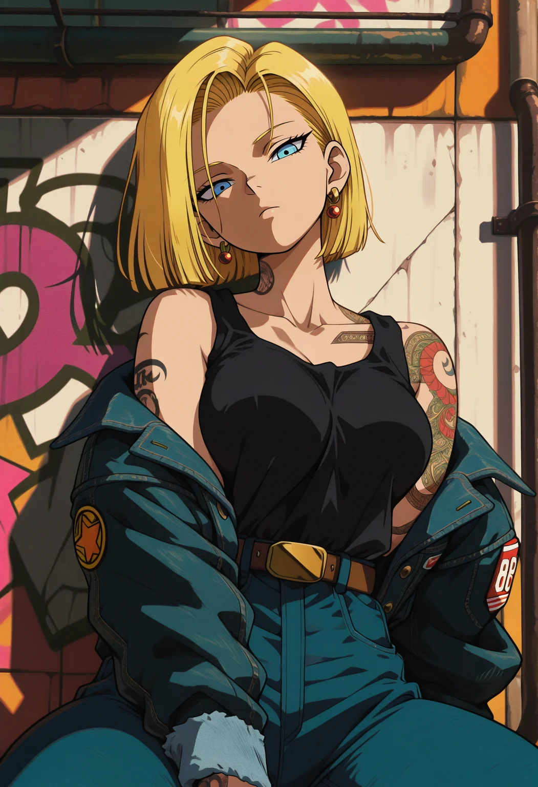 masterpiece, best quality, amazing quality, intricate detail, highly detailed, absurdres, very aesthetic, dynamic lighting, detailed background,
<lora:GothicPunkILXL:1> g0th1cpnk,
1girl, android 18, solo, blue eyes, blonde hair, jewelry, earrings, tattoo, jacket, pants, looking at viewer, belt, head tilt, short hair, graffiti, tank top, crop top, denim, shoulder tattoo, sitting, black tank top, midriff, denim jacket, arm tattoo, closed mouth, shirt, black shirt, collarbone, expressionless, breasts, brown belt
