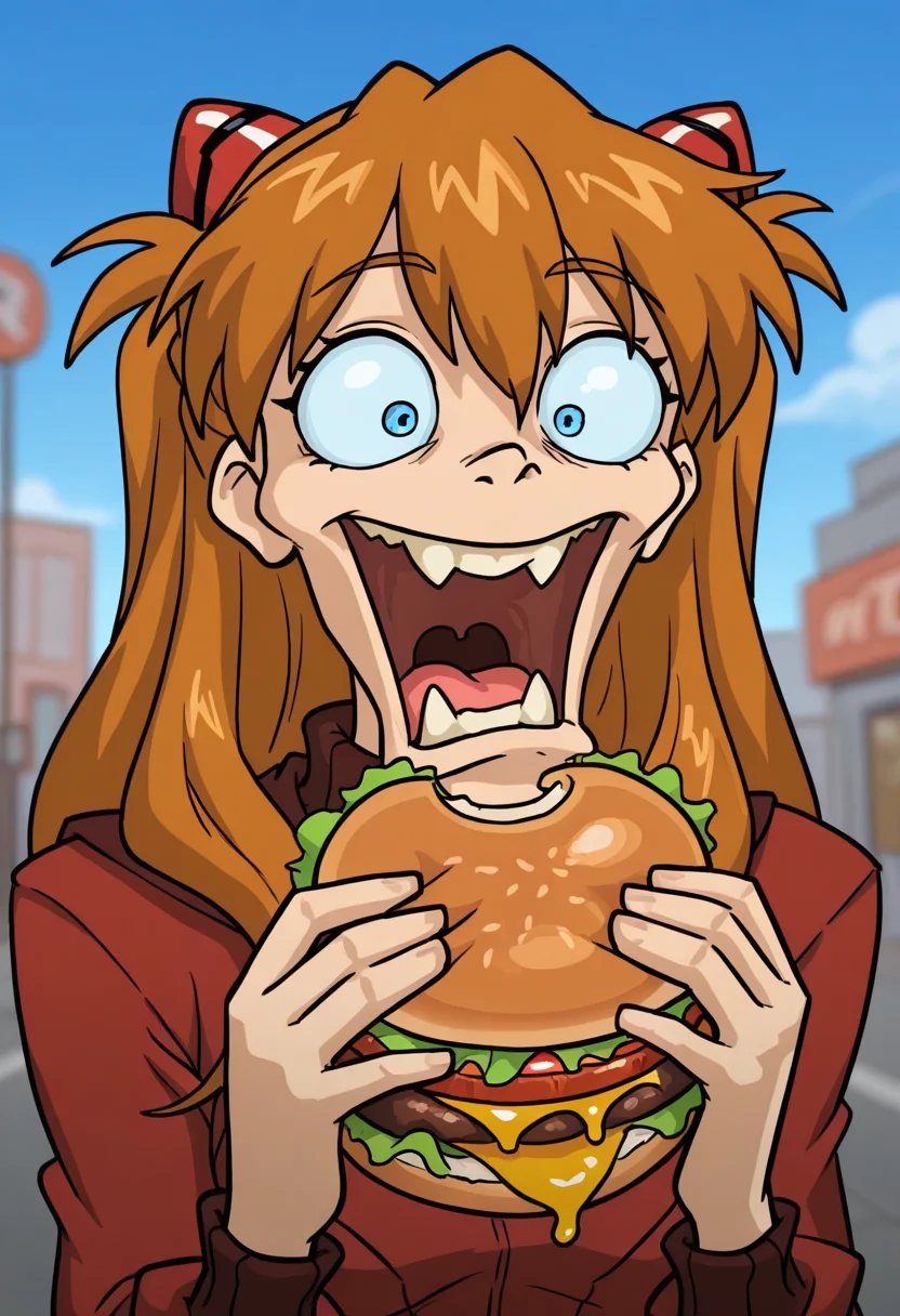 b4tm3t41style,   masterpiece, best quality, solo,                                                                                                                                       asuka langley, ginger hair, red uniform,  suprised,  blue sky, holding burger, mouth wide open, two buck teeth, weird, wide eyes,