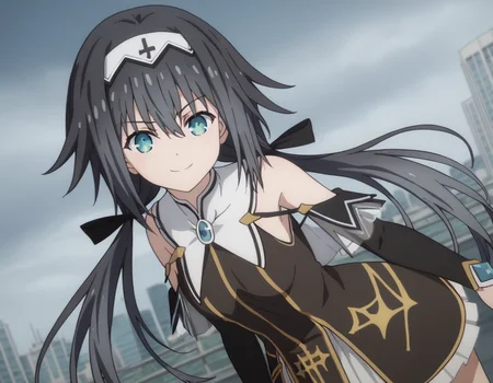 score_9, score_8_up, score_7_up, source_anime,
nibelcole, <lora:nibelcole-s4s5-ponyxl-lora-nochekaiser:1>,
nibelcole, long hair, blue eyes, black hair, hair between eyes, twintails, very long hair, hairband, low twintails, white hairband,
skirt, detached sleeves, sleeveless, white skirt, black sleeves,
cityscape, bent over, smile,
looking at viewer, solo, cowboy shot, dutch angle,