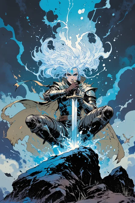 A genasi champion polishes her crystal blade while floating cross-legged above the ground. Her armor seems to shift between solid and gaseous forms, made from enchanted cloudstuff and reinforced with lightning-infused metals. Wind spirits dance around her weapons, and her cloak billows without any breeze. The mountain peak she rests upon rises above the cloud layer, where other air elementals soar freely through the thin atmosphere. Her hair floats as if underwater and crackles with electrical energy, eyes swirling with miniature storms, while her skin has a faint bluish tint that ripples like the northern lights Fantastic lighting. Detailed shadows.intricate details, vivid colors, hyper-detailed, ultra-sharp<lora:Ev_Ganin:0.4><lora:Vintage comic book:0.4><lora:RetroAnimeFluxV1:0.15><lora:Greg_Capullo_style:0.4><lora:jeanClaude_Mzires_Style_FLUX-000001:0.4><lora:Flux_Ink_Anime:0.4><lora:RM_Artistify_v1.0M:0.4><lora:RM_Illustrify_v1.0M:0.4>