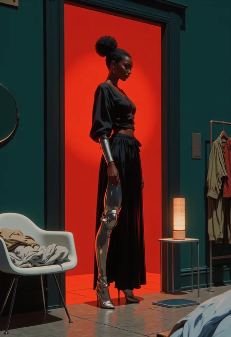 A highly detailed digital rendering in a stylized, abstract art style set in a dimly lit room with deep teal walls and a muted gray floor, creating a moody atmosphere. An open doorway reveals a young black woman with a slim, athletic build, afro hairdo, standing in the next room, bathed in an intense red glow. She wears a long sleek black satin night robe, a sleek black top, and shiny metallic silver leggings resembling high-tech armor. Her high-heeled silver boots with pointed toes amplify the sci-fi aesthetic. The orange light casts dramatic shadows, heightening the contrast against the cool teal surroundings. A modern white chair with a curved backrest is positioned to the left, while a small square white table to the right holds a minimalist cylindrical lamp emitting a soft, diffused glow. A pile of clothes, including a striped shirt and pants in white and beige tones, rests on the floor beside the table, adding a touch of disarray to the minimalist setting. The background suggests more clothing on hooks and possibly a mirror reflecting the red light. Smooth, clean textures and precise lighting emphasize the digital nature of the artwork, creating an intimate, surreal composition with bold color contrasts that heighten the dramatic and mysterious mood.