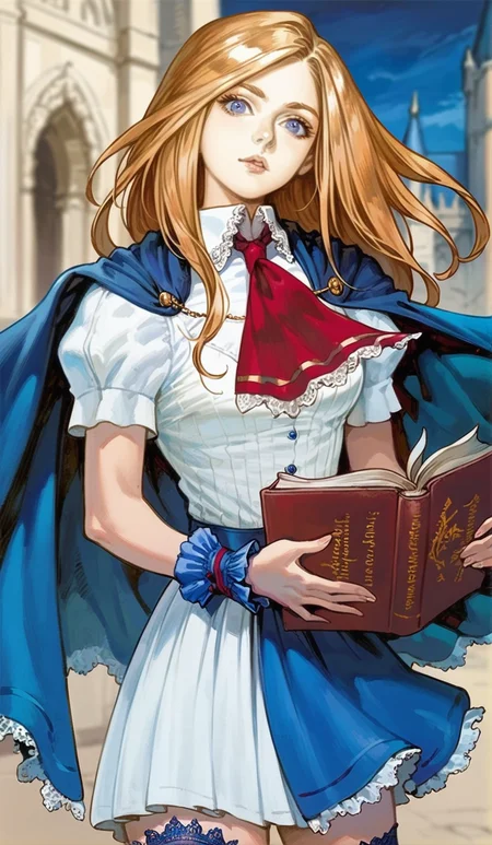 score_9,score_8_up,score_7_up,
highres,highly detailed,
<lora:CharlotteAulin:1>,
charlotteaulin,
1girl,solo,
brown hair,long hair,
blue eyes,looking at viewer,
blue cape with white lace trim,white thigh length dress,white lace trim collar,red tie with white lace trim,short puffed sleeves,blue wrist cuffs,(blue wrap skirt:1.1),
blue lace thigh socks,
upper body,holding book,
blurry background,outdoors,castle,(night:1.1),(bloom:1.2),(dark:1.1),