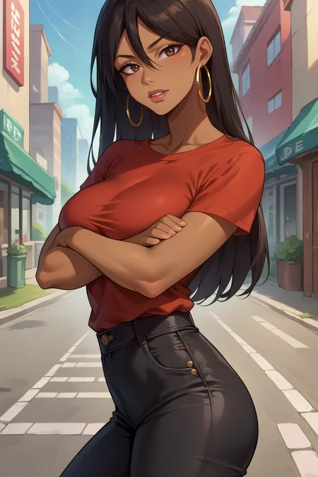 score_9, score_8_up, score_7_up, score_6_up, source_anime, 1girl, solo <lora:michiko-pdxl-nvwls-v1-000005:1> michiko, black hair, long hair, brown eyes, dark-skinned female, lips, hoop earrings, red t-shirt, tight shirt, black pants, from side, looking at you, big breasts, city street, happy, crossed arms
