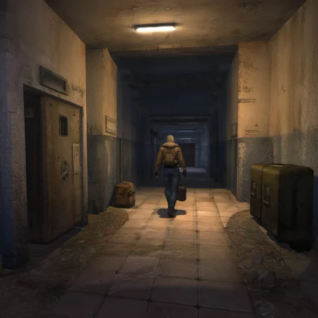 <lora:lora:1> door,  scenery, alley, tiles, indoors, light, hallway, tile floor, outdoors, 1boy, male focus, jacket, pants, denim, full body, standing, boots, blonde hair, brown jacket, bag, backpack, gas mask, jeans, gas mask, detail, realistic