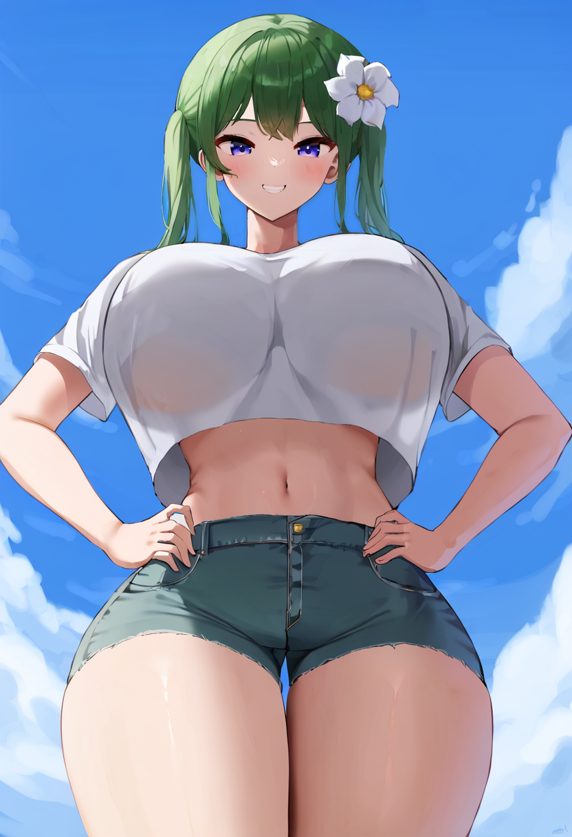 score_9, score_7_up,  1girl, 
solo, huge breasts, wide hips, thick thighs, alternate breast size, cowboy shot, hair flower, t-shirt, shirt, flower, thighs, hair ornament, green hair, twintails, breasts, shorts, impossible clothes, looking at viewer, short shorts, purple eyes, smile, denim, from below, hands on own hips, contrapposto, impossible shirt, navel, blue shorts, blush, grin, denim shorts, white shirt, long hair
 <lora:Nicorima-Style-PonyXL-GLoRA-000044:1>