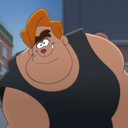 1boy, male, furry, thick eyebrows, fat, orange hair, black tank top, shorts, black eyes, red nose, fingerless gloves, black gloves, muscular, cartoon style, exaggerated proportions, expressive face, confident pose, broad shoulders, urban background