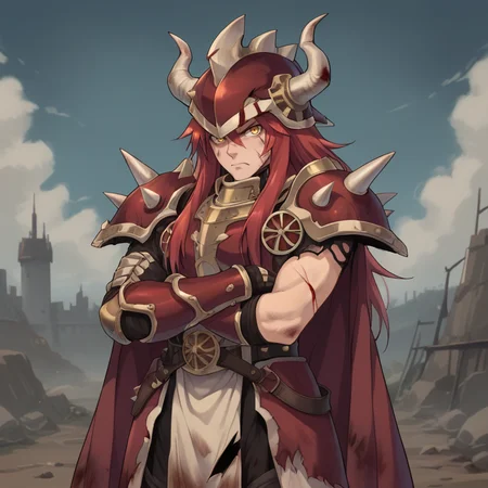 score_9, score_8_up, score_7_up, score_6_up, source_anime, BREAK, <lora:GulcasaPonyXL:0.7> , guldef, 1boy, red hair, long hair, yellow eyes, armor, full armor, spikes, shoulder armor, horned helmet, spiked helmet, horned headwear, shoulder spikes, cape, red cape, pauldrons, gauntlets, greaves, solo,cowboy shot, looking at viewer, serious expression, angry, crossed arms, <lora:zy_Detailed_Backgrounds_v1:0.3> , detailed background, highly detailed, exterior, castle, fortress, daytime, battlefield, wasteland, <lora:OldAnimeStyle_PonyXL:0.5> , Vintage, 1990s \(style\), cuts, bruises, damaged, torn clothes, blood,