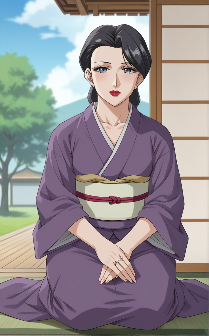 score_9, score_8_up, score_7_up, seiza, sitting, full body, looking at viewer, outdoors, bokeh, negative space, <lora:PONYXL_MistreatedBride_SumieTakayanagi_ownwaifu:1>, BREAK PurpleKimono_SumieTakayanagi_ownwaifu, 1girl, black hair, breasts, grey eyes, japanese clothes, lipstick, makeup, mature female, mole under mouth, purple kimono, red lips, single hair bun, obi, sash, short hair, long sleeves, collarbone, hair bun, eyelashes, lips, swept bangs, wedding ring, wide sleeves, white skin,<lora:add-detail-xl:0.15>,