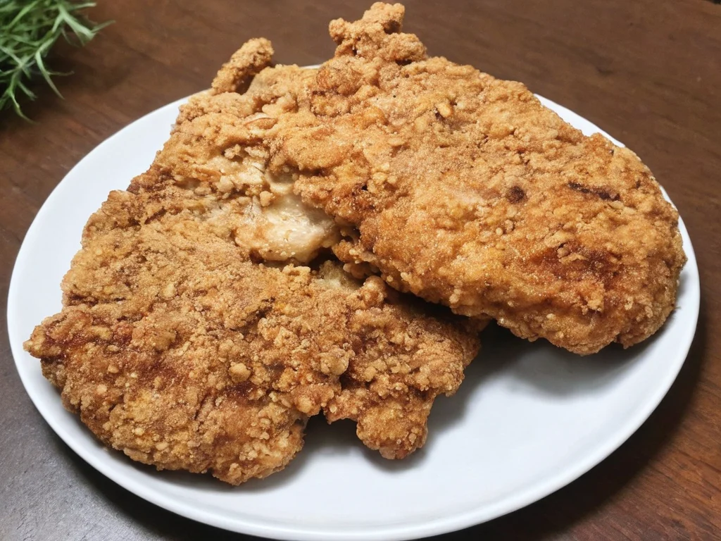 A high-resolution, hyper-realistic image of a deliciously fried chicken cutlet, referred to as G8G. The G8G is golden brown, with a crispy, crumbly coating and tender, juicy meat inside. It's served on a rustic wooden plate, with a side of fresh, colorful vegetables and a dollop of tangy sauce. The scene is set in a cozy, homely kitchen, with all elements in sharp focus, creating a clear and detailed image. The lighting should be warm and inviting, highlighting the appetizing qualities of the G8 and the cozy atmosphere of the setting, <lora:g8:0.7>