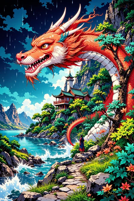a fantastic aparition of nessy in the lock ness beautiful landscape, rain and storm, woman, very intricate, very detailed, sharp, bright, colorful, <lora:Hand v2:0.5> <lora:Anti-Blur:1><lora:Insane Detail Slider:0.25>  <lora:flux.1_lora_flyway_Epic-detail_v2:0.3> <lora:fluxenhancer:0.25> <lora:ROWER:0.6> <lora:flux-charmer-v1-1:0.4><lora:Vibrantly_Sharp_style_v.5:0.4> <lora:realanime:0.7> <lora:Chinese_Ink:0.3> chinese ink style