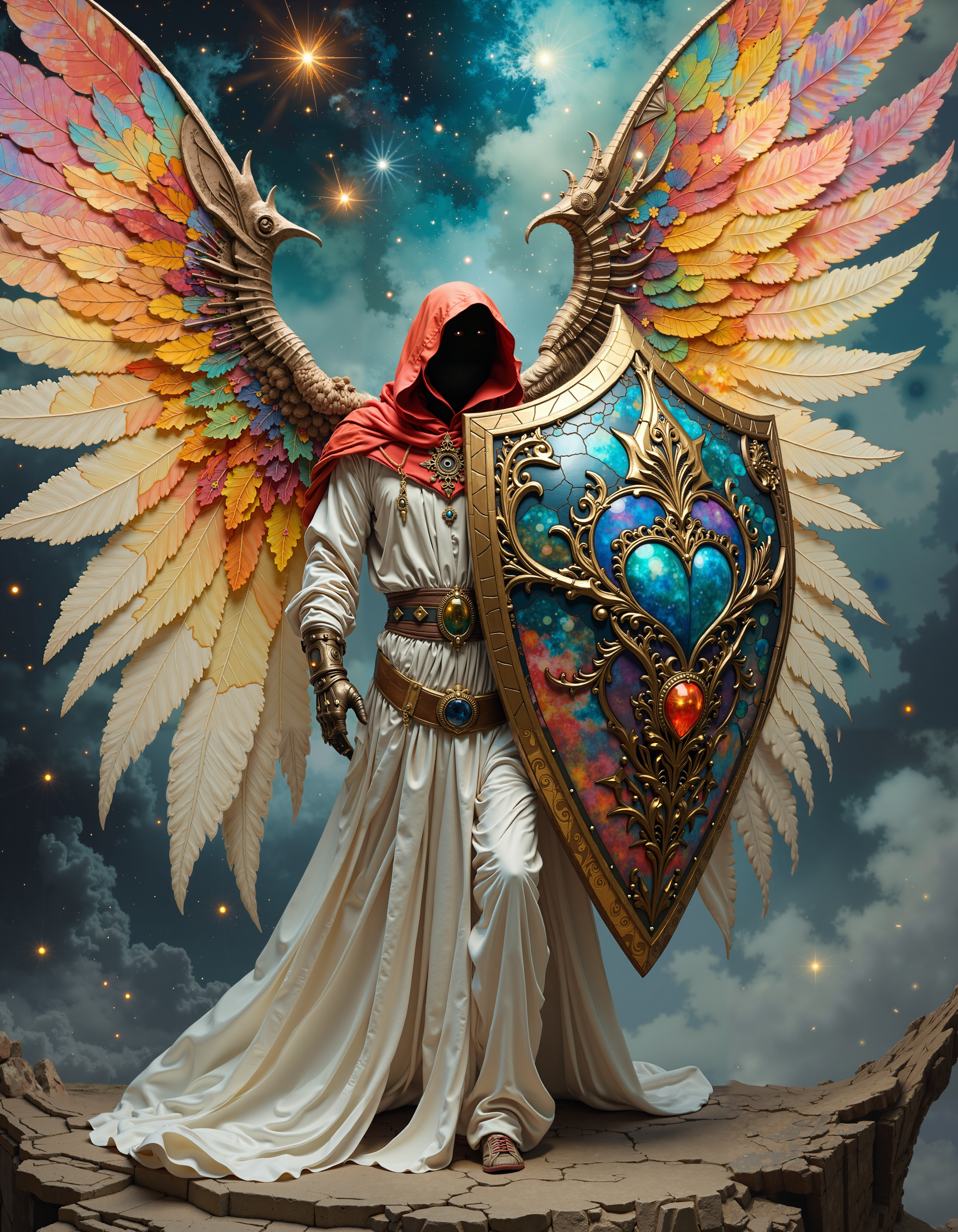Mysterious angel with flowing white robes and a billowy red hoodie, standing resolute in a defensive pose, with an epic shield that shimmers and glows with an otherworldly aura, its surface comprised of intricate, magical, and colorful fractal stained glass, reminiscent of the dreamlike artistry of Roger Dean and the vibrant colors of Syd Mead, set against a dramatic, cinematic background with deep chiaroscuro contrasts, and rich subsurface scattering, evoking the fantastical, high-fantasy worlds ofcover artist, Michael Whelan, in a bold, dynamic, and detailed digital art style with a mix of realism and fantasy elements