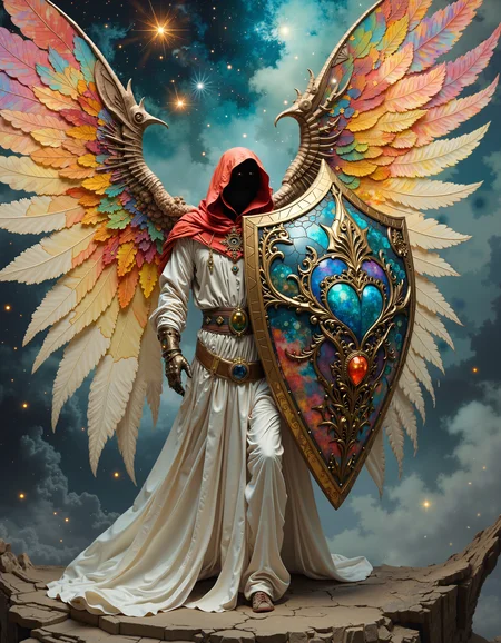 Mysterious angel with flowing white robes and a billowy red hoodie, standing resolute in a defensive pose, with an epic shield that shimmers and glows with an otherworldly aura, its surface comprised of intricate, magical, and colorful fractal stained glass, reminiscent of the dreamlike artistry of Roger Dean and the vibrant colors of Syd Mead, set against a dramatic, cinematic background with deep chiaroscuro contrasts, and rich subsurface scattering, evoking the fantastical, high-fantasy worlds ofcover artist, Michael Whelan, in a bold, dynamic, and detailed digital art style with a mix of realism and fantasy elements